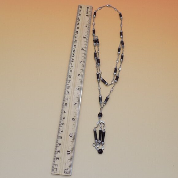 Art Deco Style Black Bead Necklace Silver-tone Clear Stone Station 2 Row Layered - Picture 3 of 10